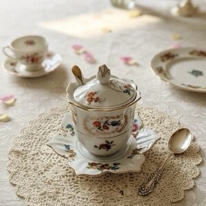 Vintage  Dresdena Condiment  Jar w/ Lid Spoon & Underplate Vintage Floral Gilded